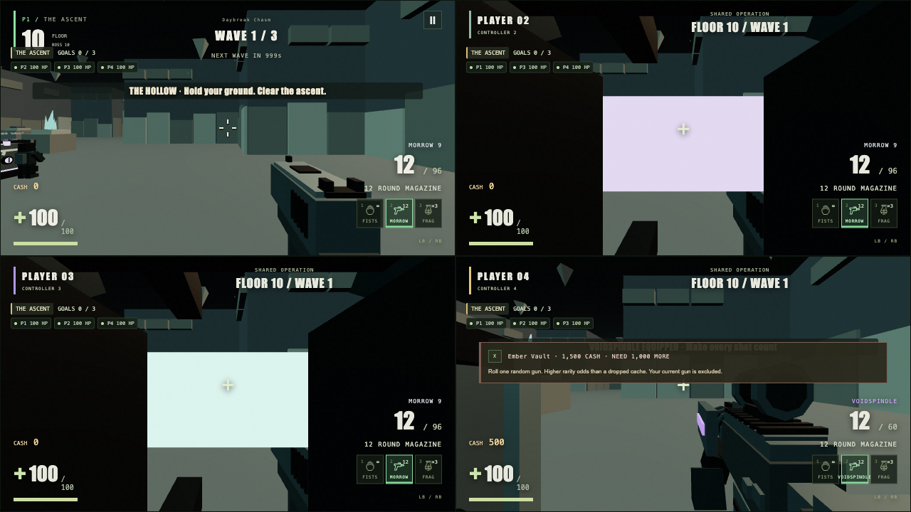 Four players sharing one screen during a local co-op run
